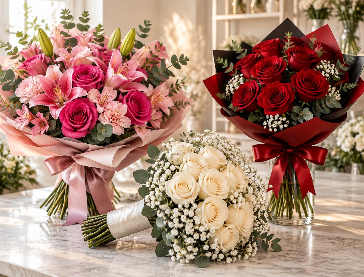 Buquês de flores rosas, vermelhas e brancas