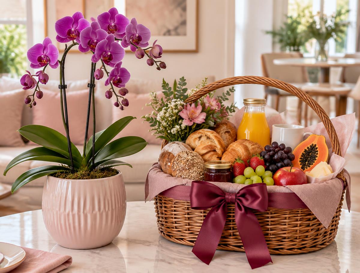 Orquídea lilás e cesta de café da manhã